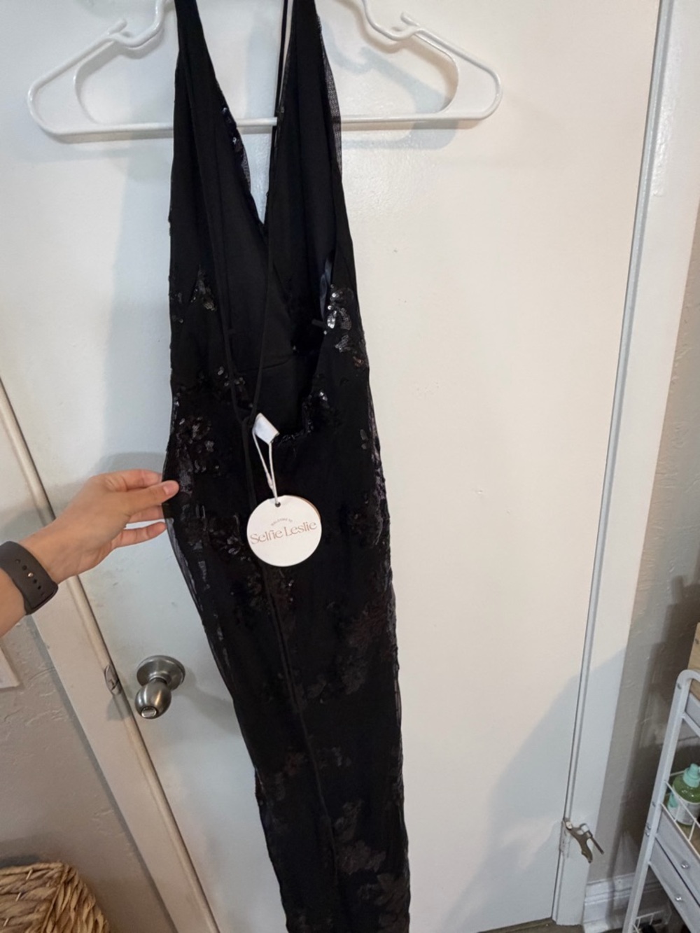 NWT Selfie Leslie Haylan Sequin Backless Midi Dress Black Strappy Slit XS - Picture 6 of 9